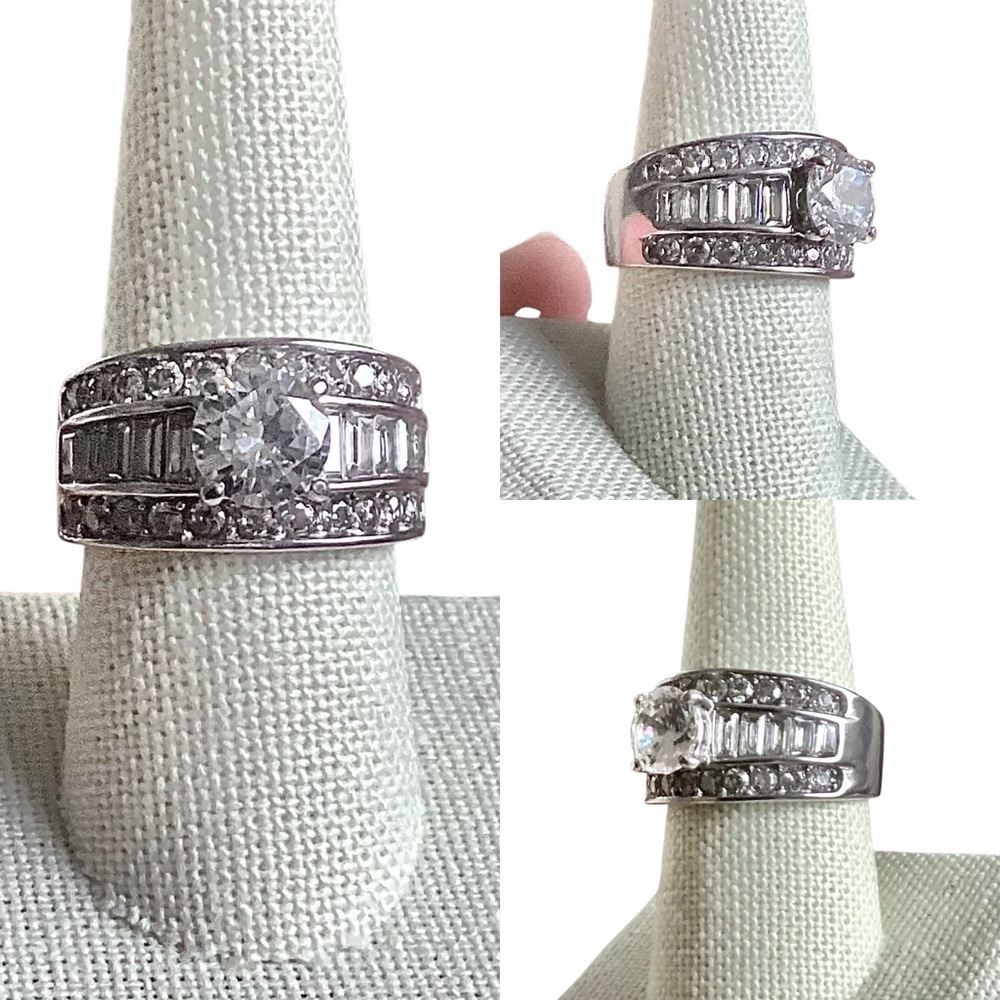 4.85 Carat Round Cut Zirconia Stainless Steel Wide Band Silvertone Ring
Size 8.5
